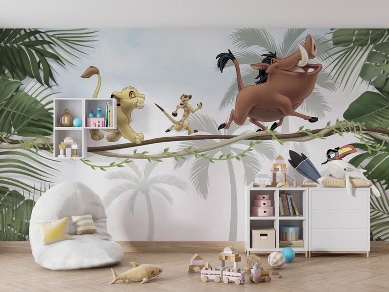 Lion King Kids Room Wallpaper , Cartoon Animals Wall Mural Nursery Room , Removable Little Lion King Mural , Lion King Mural For Baby Room image 1