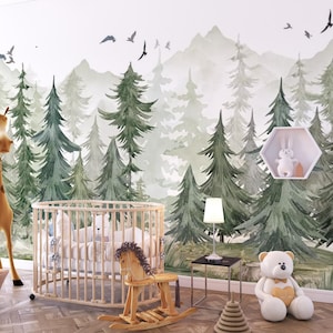 Kids Room Watercolor Forest Wallpaper , Peel and Stick Kids Rooom Murals , Mountain Watercolor Wallpaper , Baby Gifts , Green Forest Mural