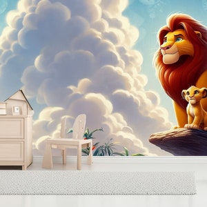 Kinderkamerbehang Lion King-thema, Lion King en wolken kinderkamer Peel-and-Stick-behang, Lion King-behang, kinderbehang