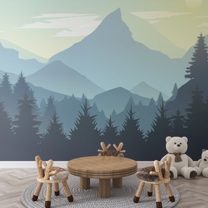 夕日の山の壁紙、剥がして貼る夕日の山の木の壁紙、夕日の壁画、子供部屋の壁紙森の風景