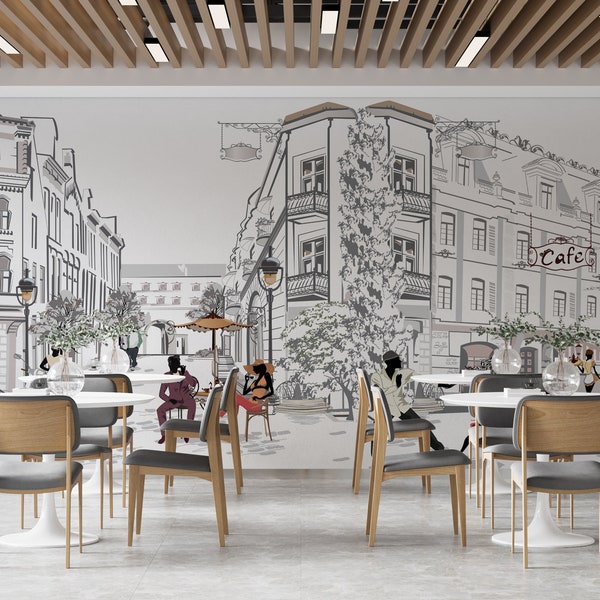 Custom Size Sketch Design Cafe Shop Wall Mural -Peel And Stick French Coffee Wallpaper - Excellent Coffee Wallpaper - Removable Cafe Mural