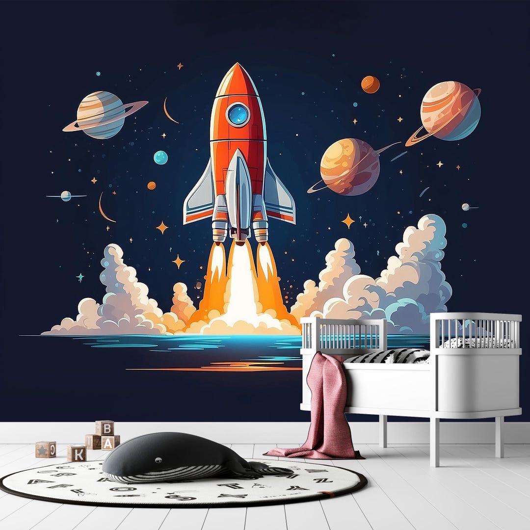 Rocket & Planets Kids Room Wallpaper: Peel and Stick Space Theme - Etsy