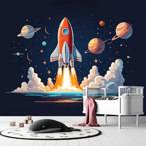 Carta da parati a tema per la stanza dei bambini con lancio di astronavi e razzi, carta da parati a tema per la stanza dei bambini con pianeti e razzi spaziali, carta da parati adesiva per la stanza dei bambini