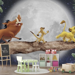 König der Löwen Cartoon-Thema Tapete, 3D-Löwen-König Themed Wallpaper auf dem Mond, Kinderzimmer Wand Dekor Niedliche Tiere Wallpaper, König der Löwen Wandbild