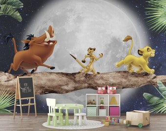 Lion King Cartoon Themed Wallpaper , 3D Lion King Themed Wallpaper on the Moon , Nursery Wall Decor Cute Animals Wallpaper , Lion King Mural