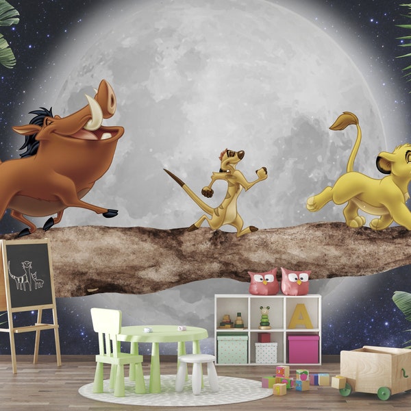 Papier peint sur le thème du dessin animé Le Roi Lion, papier peint 3D sur le thème du Roi Lion sur la lune, décoration murale de chambre d'enfant, papier peint animaux mignons, décoration murale Le Roi Lion