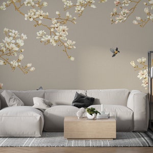 Floral Bird Wallpaper: Beige Removable Peel and Stick