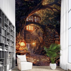 Enchanted Library Wallpaper: Fantasy Tree Book Nook Wall Art