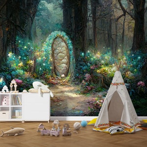 Carta da parati per bambini con foresta magica / Carta da parati con fata per bambini / Decorazione da parete per bambini / Carta da parati con mondo delle fate per ragazze