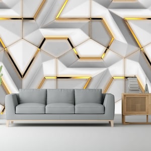3D Look White and gold Geometric Shapes Wallpaper , 3D Geometric Shapes Living room wallpaper , Gold and white patterns wallpaper, Art Decor