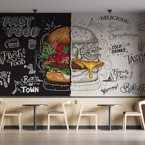 Customizable Fast Food Restaurant Wallpaper - Hamburger Stylish Cafe Wall Mural - Bistro Cafe Wall Art - Easy Removable Wallpaper
