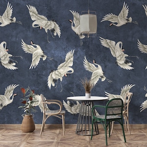 Chinoiserie Crane Bird Wallpaper: Asian Scenic Wall Mural