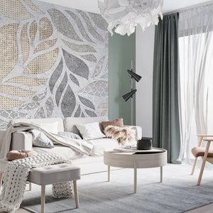 Carta da parati per soggiorno a tema foglie morbide 3D, carta da parati per camera da letto a tema con eleganti motivi a foglie, carta da parati a foglie in colori tenui