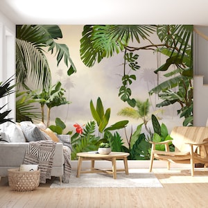 Rainforest Peel And Stick Wallpaper , Tropical Landscape Wallpaper , Palm Tree Tropical Forest Wall Mural , Jungle Removable Wallpaper