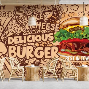 Papel pintado de restaurante de hamburguesas: Mural de comida rápida con estilo, papel pintado extraíble