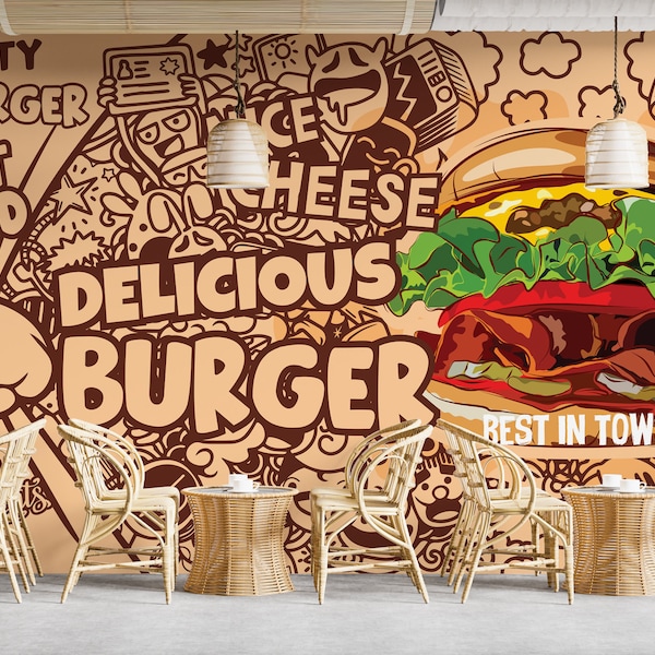 Customizable Fast Food Restaurant Wallpaper - Hamburger Stylish Wall Mural - Fast Food Mural - Easy Removable Wallpaper