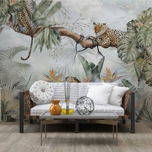 Exotic Landscape and Leopards Wallpaper , Peel and Stick Tropical Forest Wall Mural , Tropic Tree Wallpaper - Livingroom Jungle Wallpaper