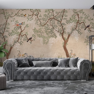 Baumlandschaft Schälen und aufkleben Tapete - Bäume und Vögel in Beigetönen Wandbild Tapete - Schlafzimmer Tapete - Abnehmbare Tapete