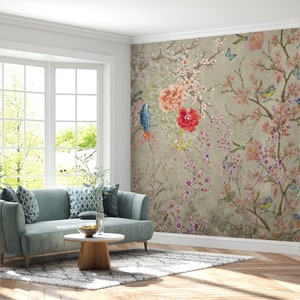 Chinoiserie Wallpaper in Beige Tones - Flowers and Birds Chinoiserie Wallpaper - Tree and Birds Removable Wallpaper - Removable Wallpaper