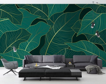 Leaves Wallpaper in Green Tones - Livingroom Tropical Leaves Wallpaper in Green Tones - Peel and Stick Tropical Leaves Wallpaper