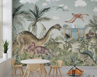 Watercolor Dinosaur Nursery Mural: Peel & Stick Kids Wallpaper
