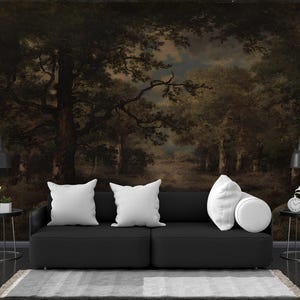 Dark Forest Path Mural: Moody Woodland Peel and Stick Wallpaper