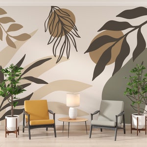 Boho Leaves Wallpaper , Green Leaves Boho Art Wallpaper , Leaves Abstract Boho Art Wall - Peel And Stick , Pastel Boho Art Mural