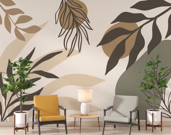 Boho Leaves Peel and Stick Wallpaper: Abstract Pastel Art Mural