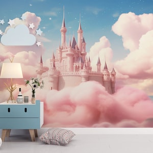 Carta da parati per bambini con castello della principessa e nuvole, carta da parati per bambini con nuvole, murale per bambini con castello della principessa rosa e cielo
