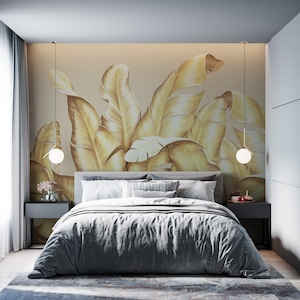 Tropical Leaves Wallpaper in Gold Look - Gold Leaf Look Wallpaper - Tropical Leaves Wallpaper Livingroom - Luxury Leaf Look Peel and Stick