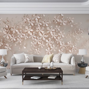 Carta da parati 3D con fiori d'argento stacca e attacca - Carta da parati con alberi floreali nei toni del rosa - Carta da parati floreale per camera da letto - Murale floreale 3D autoadesivo