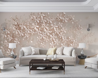 3D Silver Flower Wallpaper: Pink Floral Tree Peel and Stick Mural