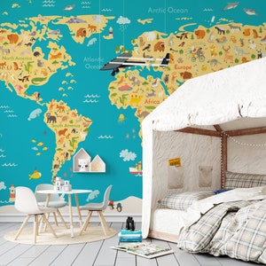 Kinderzimmer Tapete mit Tierkarte, Kinderzimmer Map Themed Wallpaper, Süße Tiere Weltkarte für Kinderzimmer Tapete