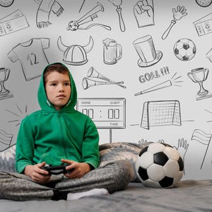 Football Wallpaper, Football Ball and Jersey Kids Room Wallpaper, Hand Drawn Doodle Sport Patterns Wallpaper , Sport Wallpaper , Baby Gifts