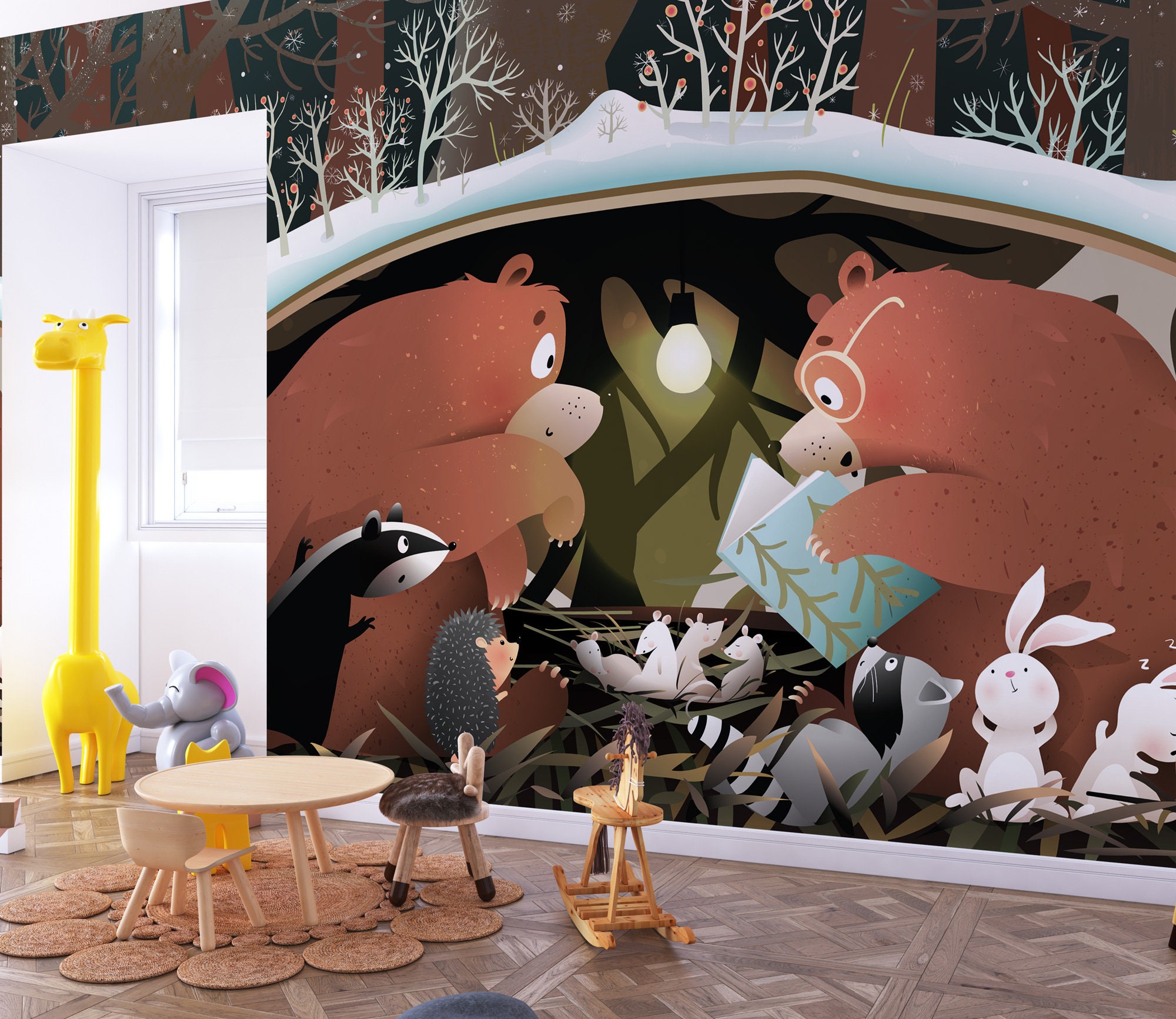 Cute Animals Reading Books Wallpaper , Animal Reading a Book in a Tree Hollow Wallpaper , Peel and Stick Animals Under the Tree Simple Mural