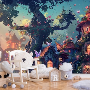 Mushroom Houses Children's Room Peel and Stick Wallpaper, Fairy Forest Wallpaper, Adventure Forest Wallpaper , Cartoon Kids Wallpaper