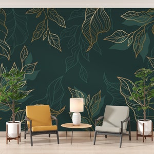 Gold Blätter Boho Tapete - Grüner Hintergrund und Blätter Wandbild - Schälen und Aufkleben Boho Tapete - Schlafzimmer Blumen Tapete