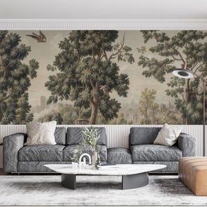 Vintage Landscape Wallpaper, French Landscape Mural, Monochrome Style Wallpaper, French Antique Wallpaper, Woodland Forest Wallpaper