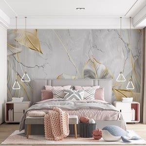 Leaf Pattern Wallpaper in Modern Gold and Grey Colors , Boho Leaves Wallpaper , Living Room Peel and Stick Wallpaper , 3D Wallpaper