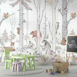 Fondo de pantalla de animales del bosque blanco con acuarela - Fondo de pantalla para niños Fondo de pantalla de animales del bosque - Fondo de pantalla de acuarela para guardería - Fondo de pantalla extraíble