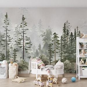 Woodland Watercolor Peel and Stick Wallpaper: Kids Room Tree Mural