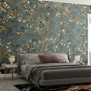Chinoiserie Birds and Tree Wallpaper: Green Removable Wall Mural