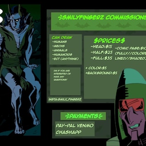 Può includere: Annuncio di commissioni di arte fumettistica con un personaggio umanoide dalla pelle blu e una figura vestita di verde. Il testo dettaglia i servizi offerti, tra cui il disegno di umani, mech, animali e umanoidi. I prezzi sono elencati.