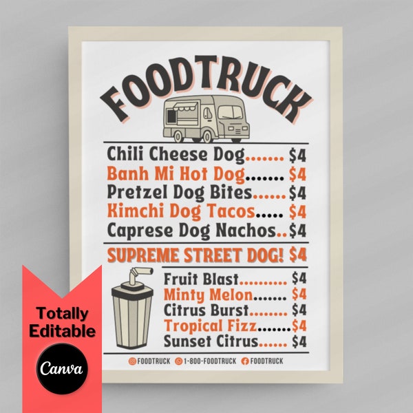 Editable Menu Template for Restaurant, Food truck, Bar or Cafe - Printable Price list to Edit in Canva