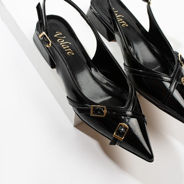 Black Patent Leather Flats Shoes, Patent leather, Special Desing Handmade, Pointed Toe Shoes