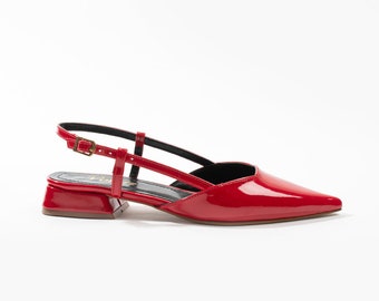 Red Patent Leather Flats Shoes, Patent leather, Special Desing Handmade, Pointed Toe Shoes