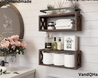 Set of 2 Rustic Wooden Floating Shelves: Farmhouse Decor