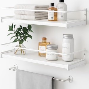 Handmade White Pine Bathroom Shelves with Towel Bar - Set of 2