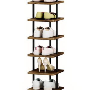 May include: A wooden shoe rack with six shelves, holding various pairs of shoes. The rack has a dark brown finish with black supports. The shoes include flats, sneakers, and high heels in colors like pink, white, and yellow. The Etsy and VandQHandmade logos are visible.