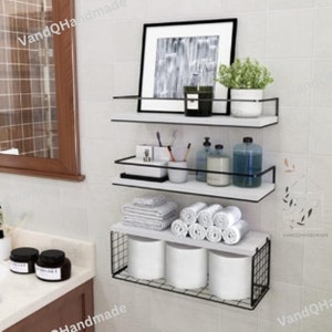 Set of 3 Wooden Bathroom Shelves With Basket | Bathroom Organizer | Over Toilet Storage | Bathroom Storage | Kitchen Shelves | Wall Shelves